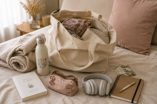 Sac préparé pour une première chimiothérapie avec une gourde, un plaid, un carnet, des écouteurs et des affaires essentielles pour une séance de chimiothérapie.