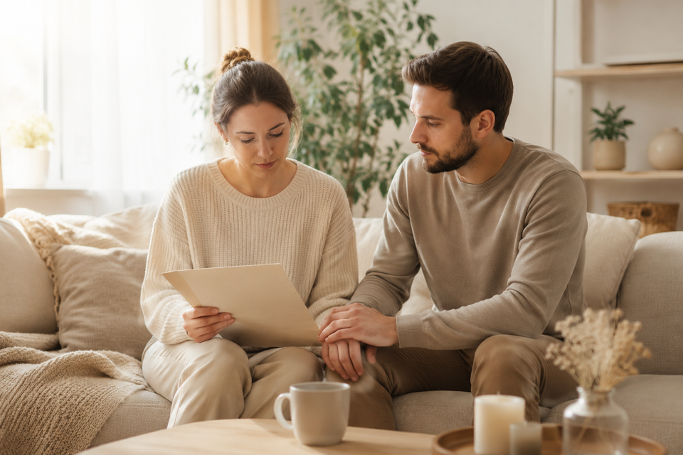 Femme tenant un dossier médical soutenue par son partenaire, illustrant comment annoncer un cancer à ses proches après un diagnostic.