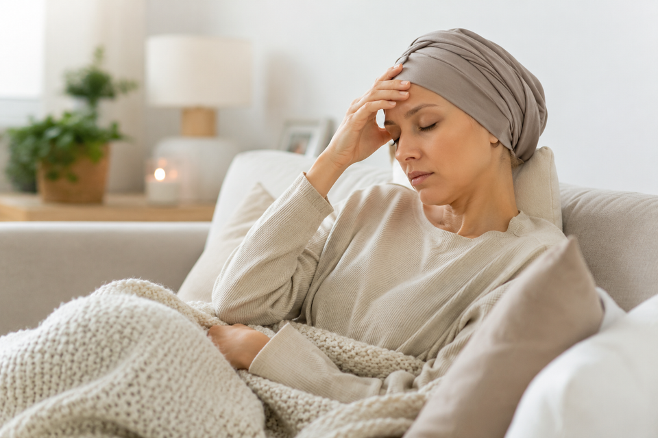 Fatigue pendant une chimiothérapie : femme portant un turban se reposant sur un canapé, illustrant l'épuisement lié aux traitements contre le cancer.
