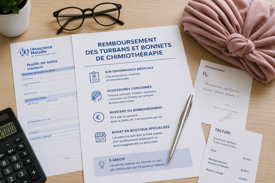 Documents de remboursement d'un turban de chimiothérapie avec ordonnance, facture et prise en charge par l'Assurance Maladie