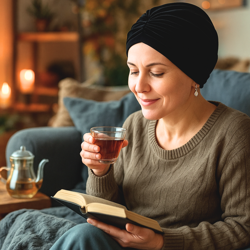 Turban confortable porté par une femme pendant la chimiothérapie