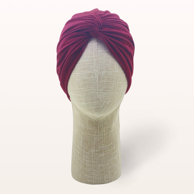 Turban de chimiothérapie Amarena en coton doux rouge bordeaux - vue de face