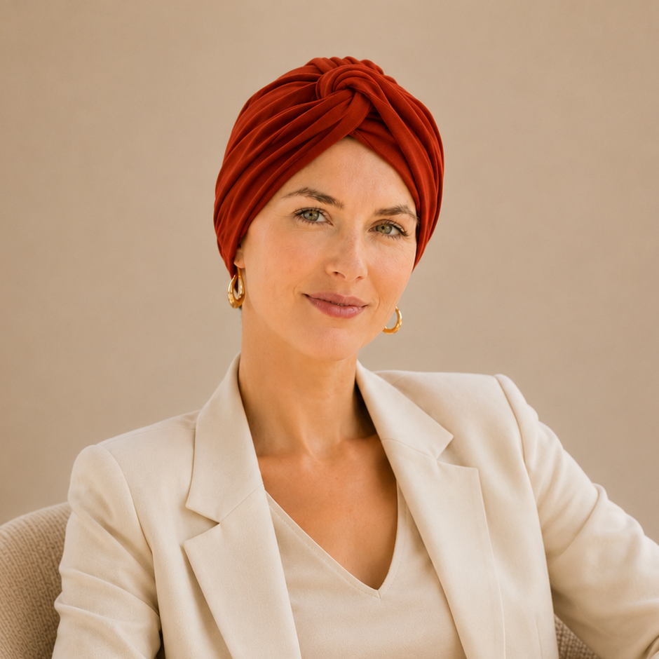 Turban de chimiothérapie terracota en coton porté par un mannequin