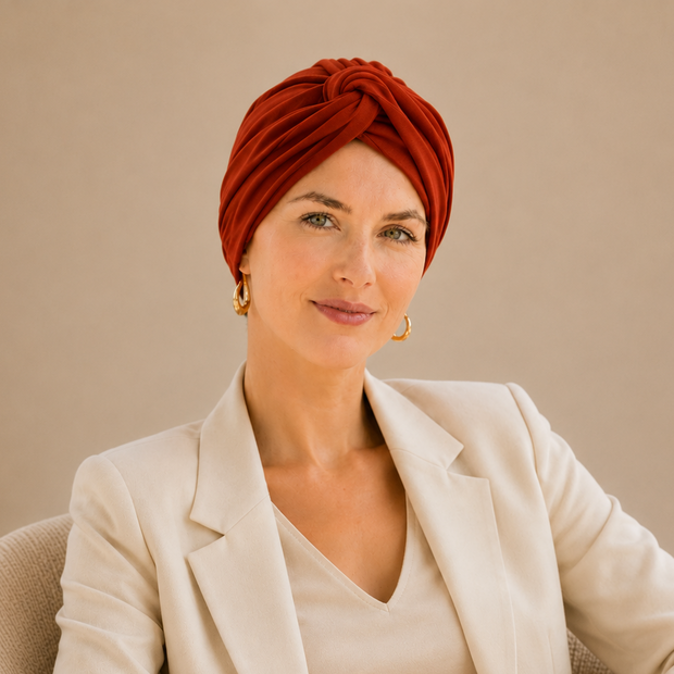 Turban de chimiothérapie terracota en coton porté par un mannequin