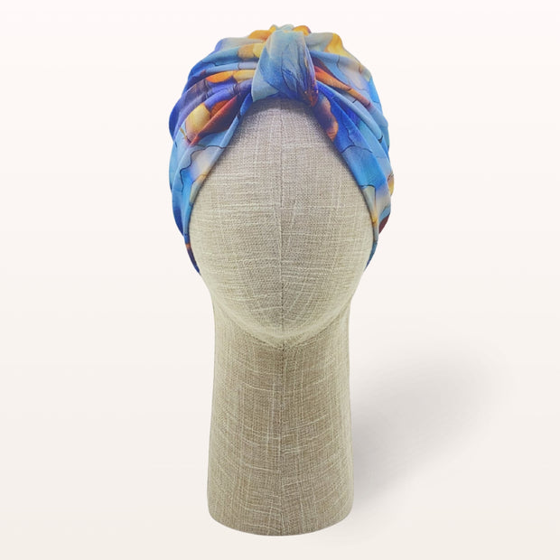Turban de chimiothérapie Auréa en coton doux à motif abstrait bleu et ocre - vue de face