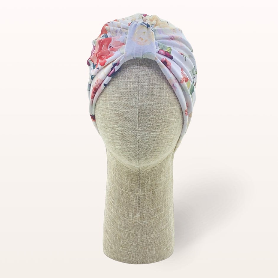 Turban de chimiothérapie en coton doux blanc et fleurs