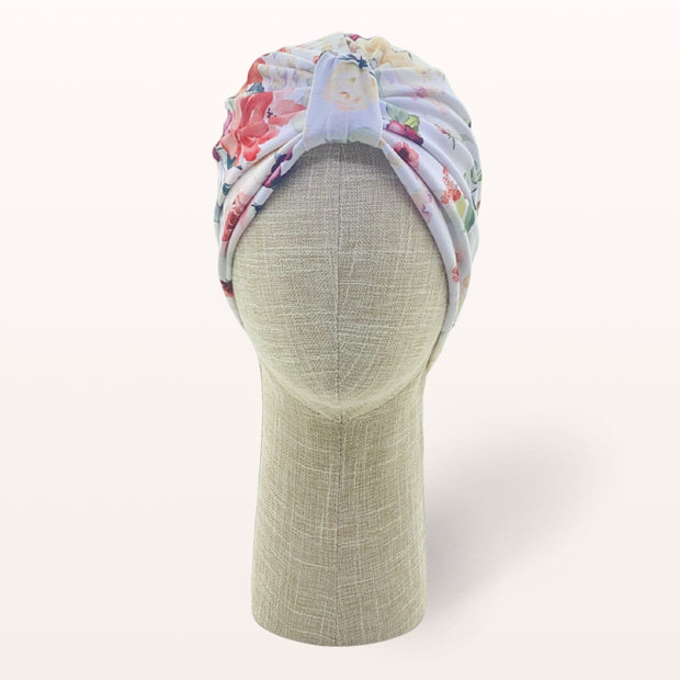 Turban de chimiothérapie en coton doux blanc et fleurs