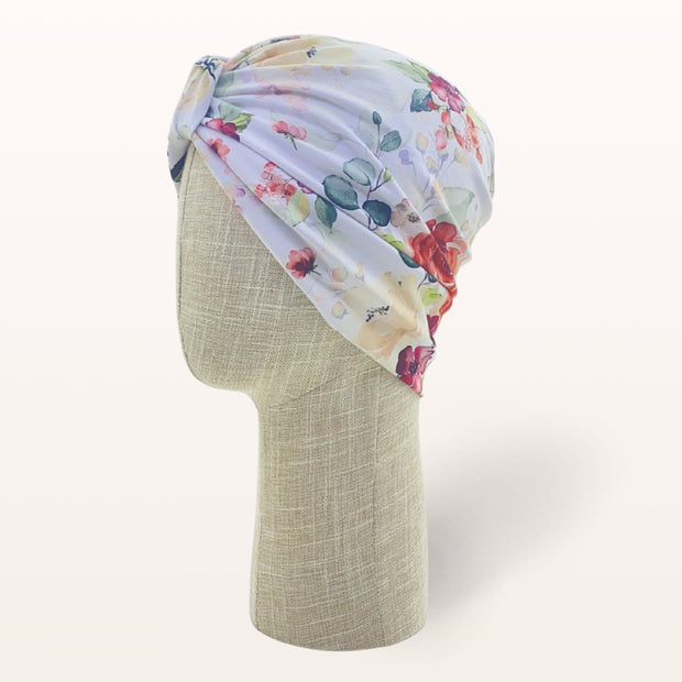 Turban de chimiothérapie Capucine en coton doux à motif fleuri- vue de profil