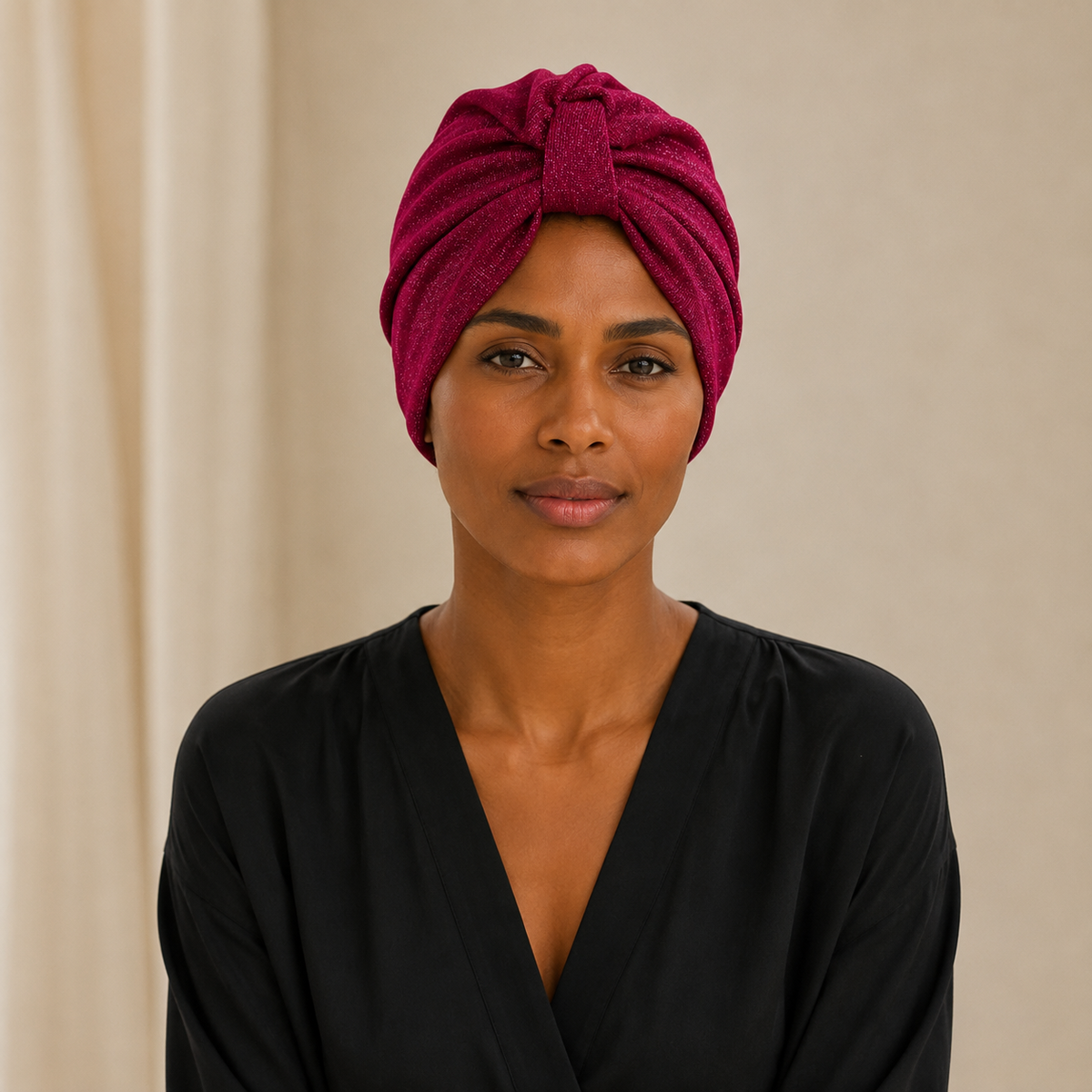 Turban de chimiothérapie rouge en porté par un mannequin de facel