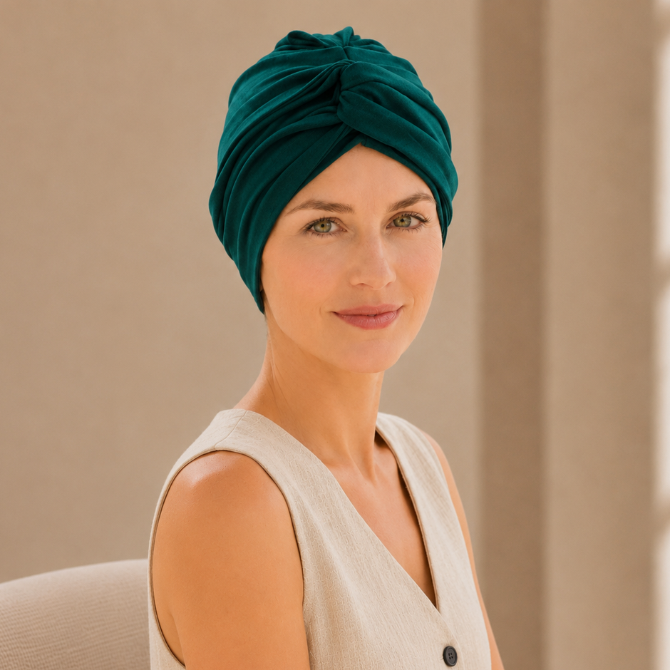 Turban de chimiothérapie vert eporté par un mannequin