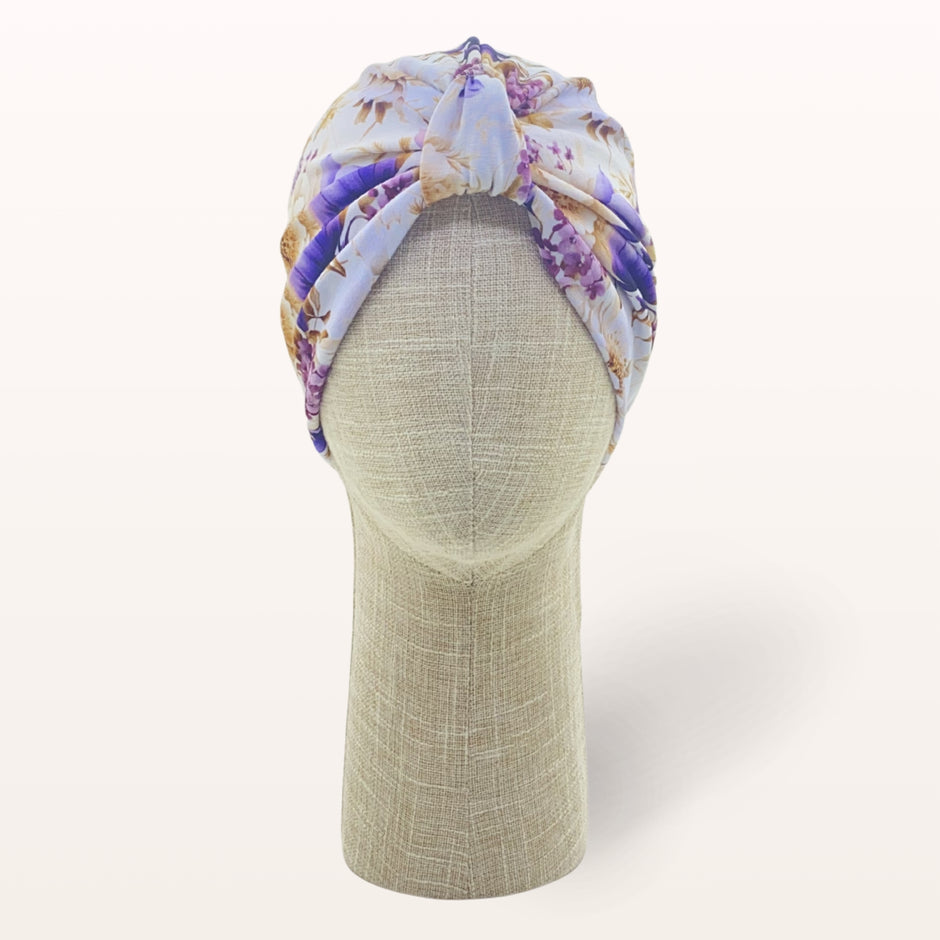 Turban chimiothérapie coton blanc avec fleurs