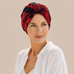 Turban de chimiothérapie fleuri en coton porté par un mannequin de face