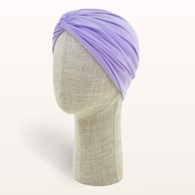 Turban de chimiothérapie Lila en coton doux violet vue de profil