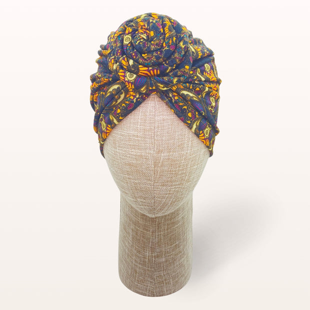 Turban de chimiothérapie Maëlya en coton doux à motifs - vue de face
