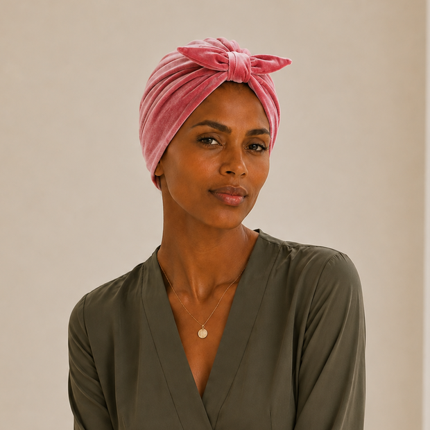 Turban de chimiothérapie rose en velour porté par un mannequin de face