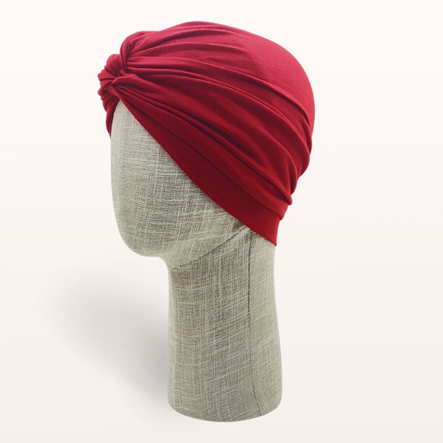 Turban de chimiothérapie Rubis en coton doux couleur rouge - vue de profil