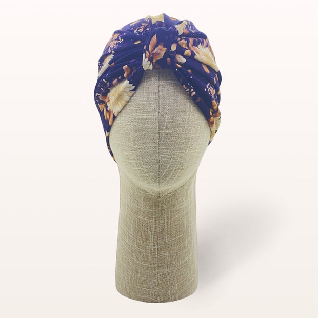 Turban de chimiothérapie Sélia en coton doux à motif fleuri- vue de face