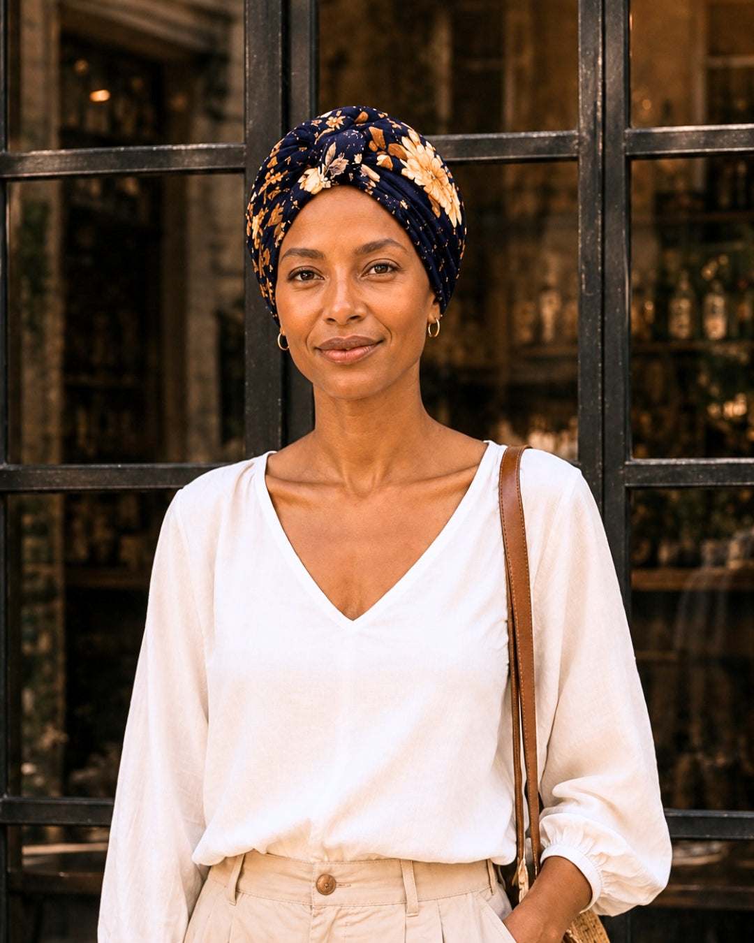 Turban de chimiothérapie Sélia en coton doux à motif fleuri porté par un mannequin de face